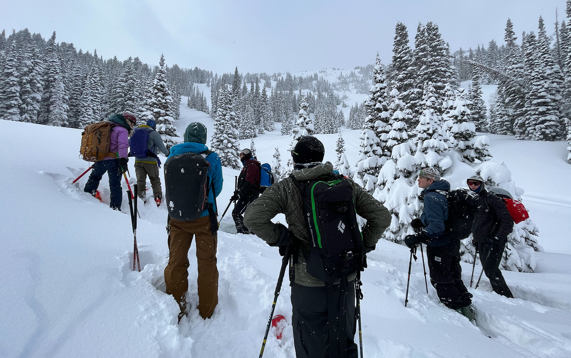 Two AIARE 1 groups converge to discuss where to set the skin track. The skin track is the route you’re going to take uphill while on skis covered in skins, strips of adhesive nylon that attach to the bottom of skis to create enough traction to move uphill and not slide backwards. Every step you take matters. When you’re the first one blazing a trail through a snow-covered zone, you want to move through the terrain in the safest and most efficient way possible. 