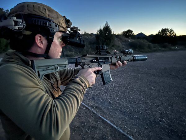 Outdoor life contributor, Sean Murphy, shooting with the aid of night vision Goggles.