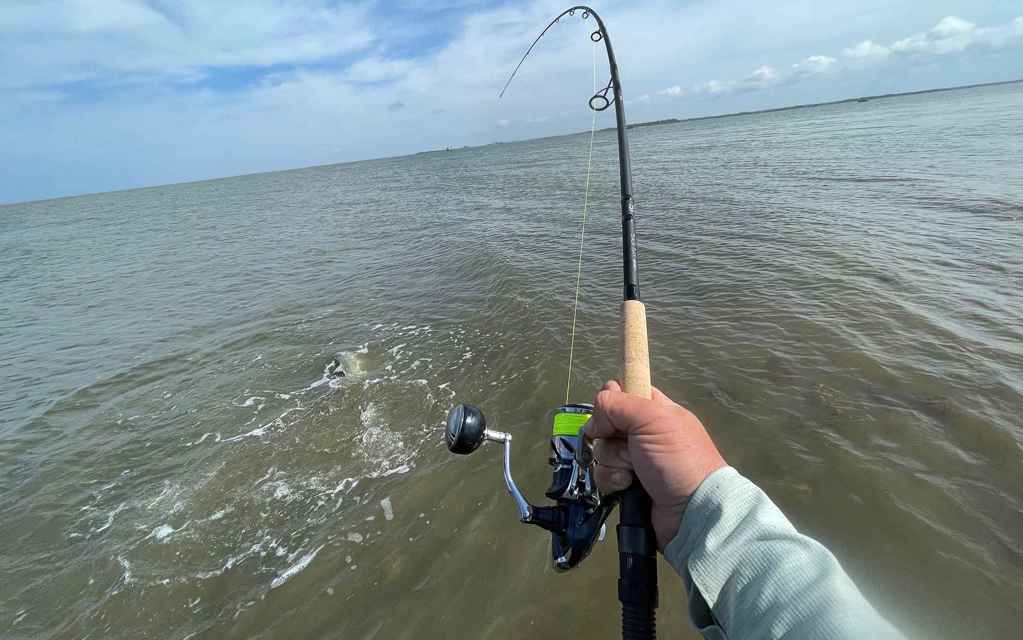 Angler reels in fish on the Daiwa Back Bay.