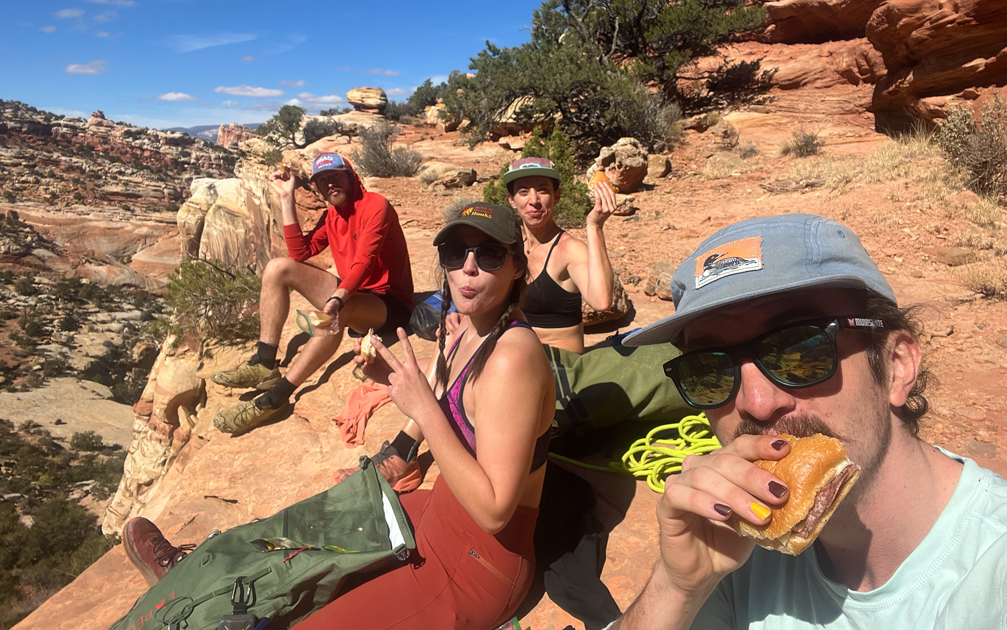 A group of hikers eating lunch.
