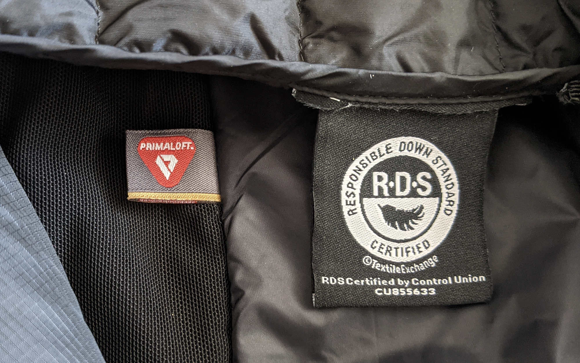 Primaloft label next to RDS label