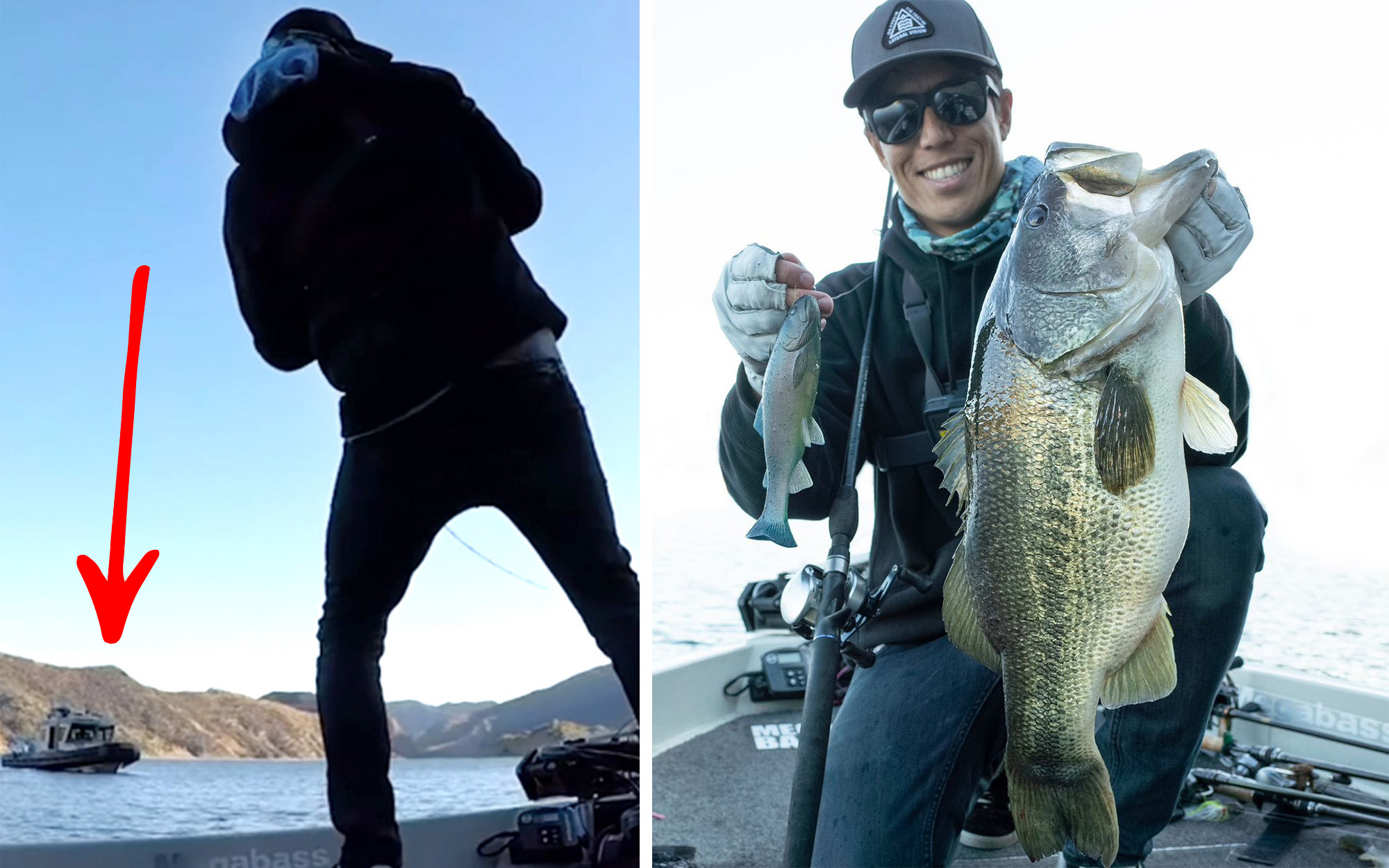 Bass pro Matty Wong with a giant bass he caught in front of a cop.