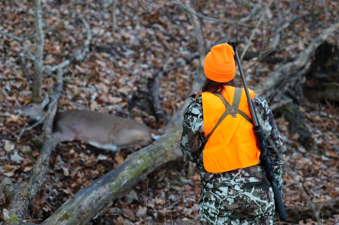 A hunter in blaze orange looks at a dead deer from a distance