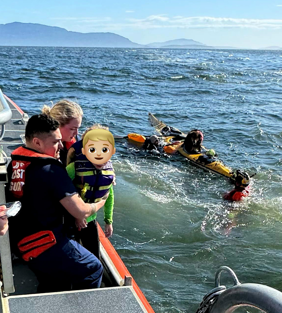 Coast guard rescues family of kayakers in bay.