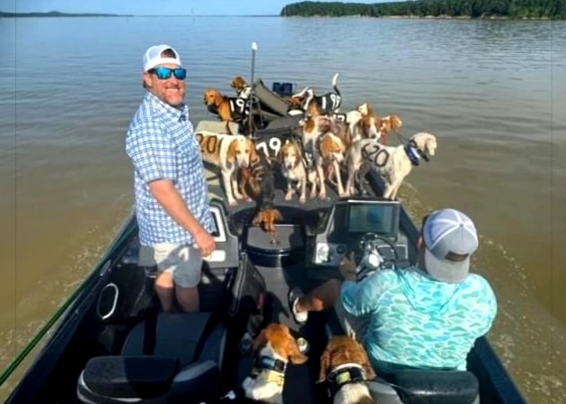 Two fishermen with a boatload of hunting dogs.