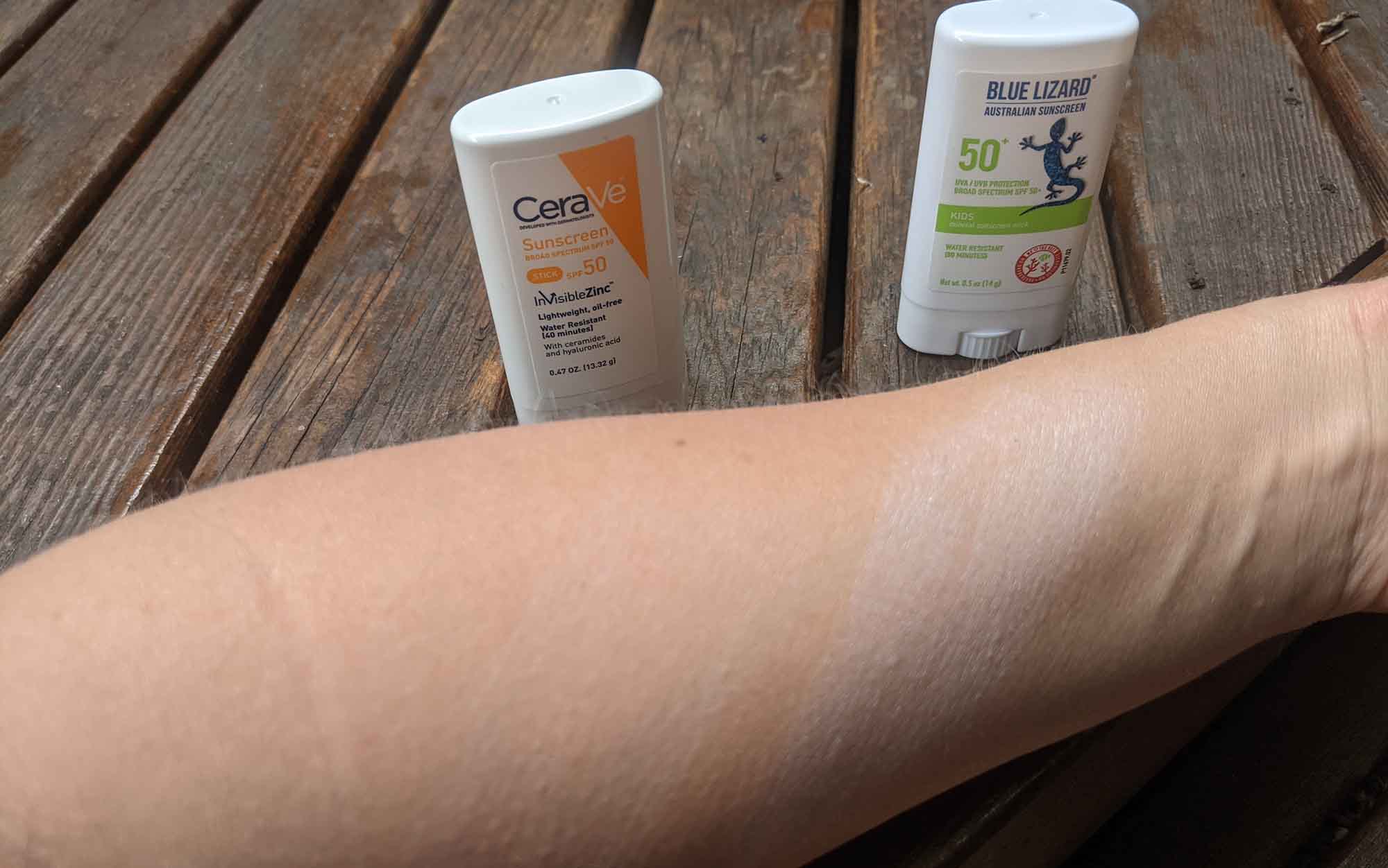 Author compares CeraVe and Blue Lizard Kids application on her arm. 