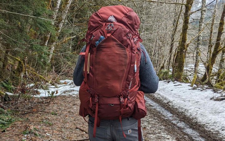  man walking through woods with Gregory Baltoro backpack