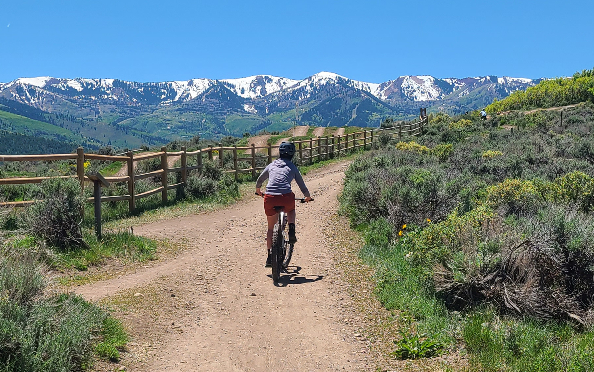 Biker rides Trail Mandate to trailhead in Park City.