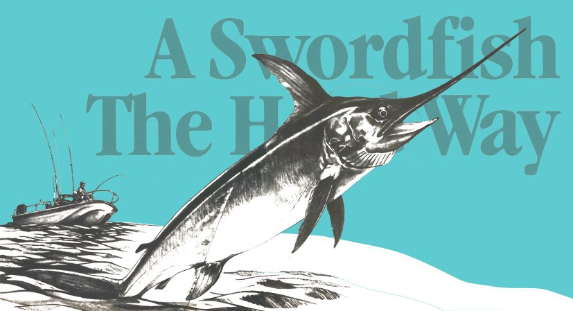 Illustrated swordfish leaping out of the water