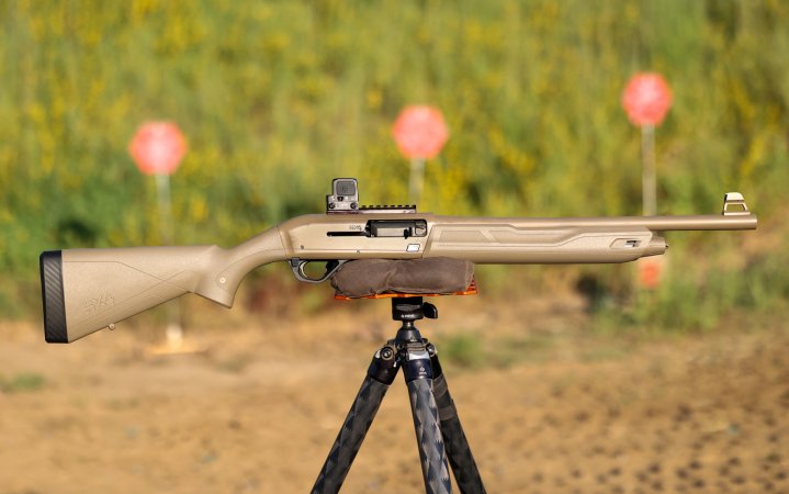  The Winchester SX4 Defender tactical shotgun on a tripod.