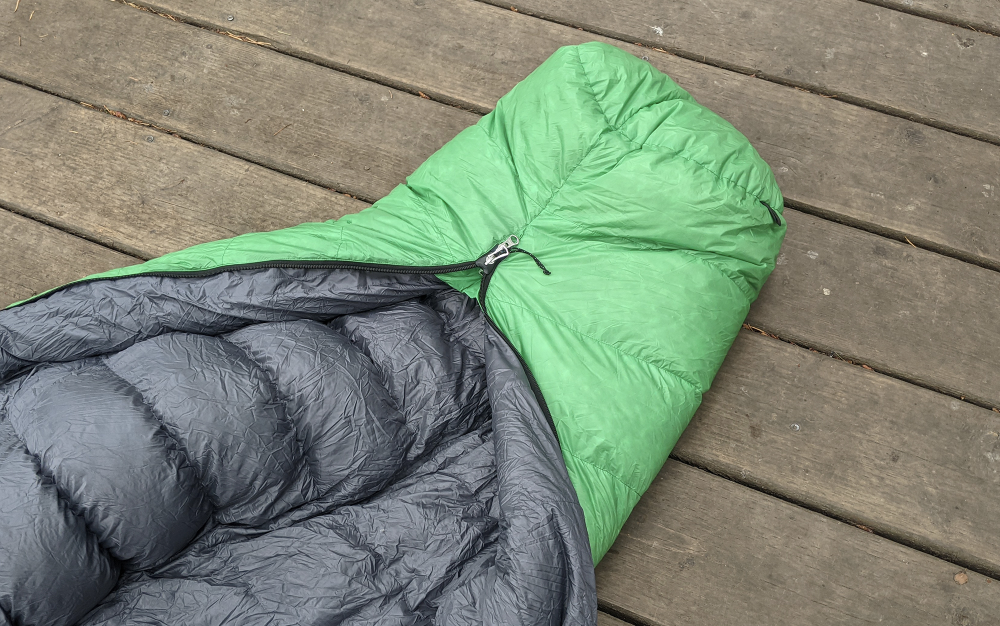 Feathered Friends sleeping bag unzipped