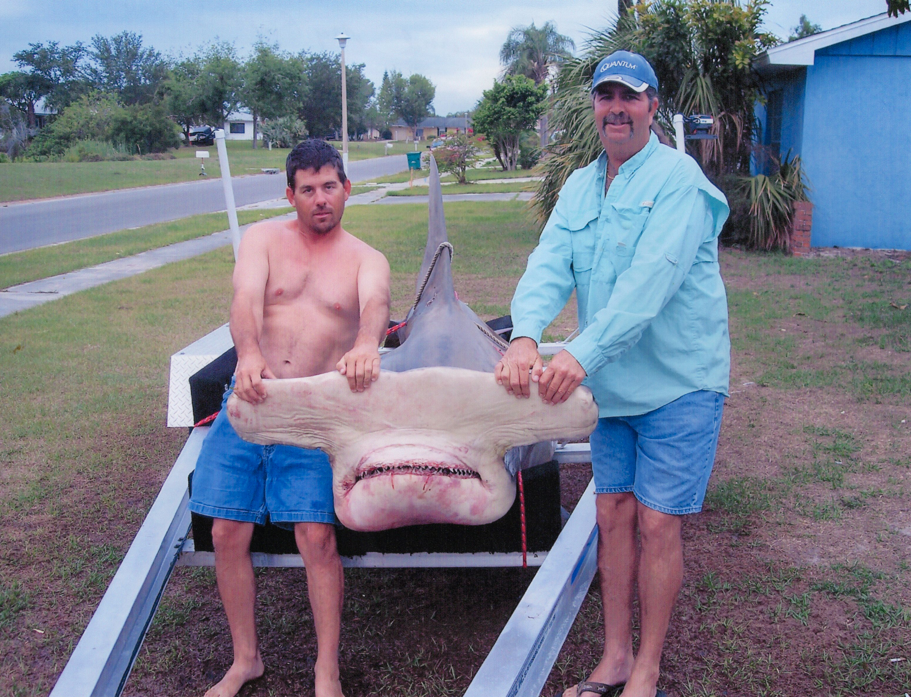 Two anglers with a great hammerhead shark.