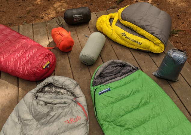 sleeping bags both unpacked and packed up on a wooden platform