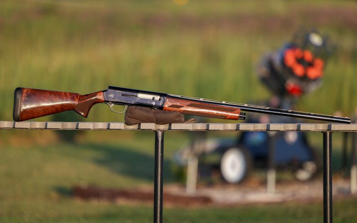  The Browning A5 in 20 gauge resting on a table at the clay range.