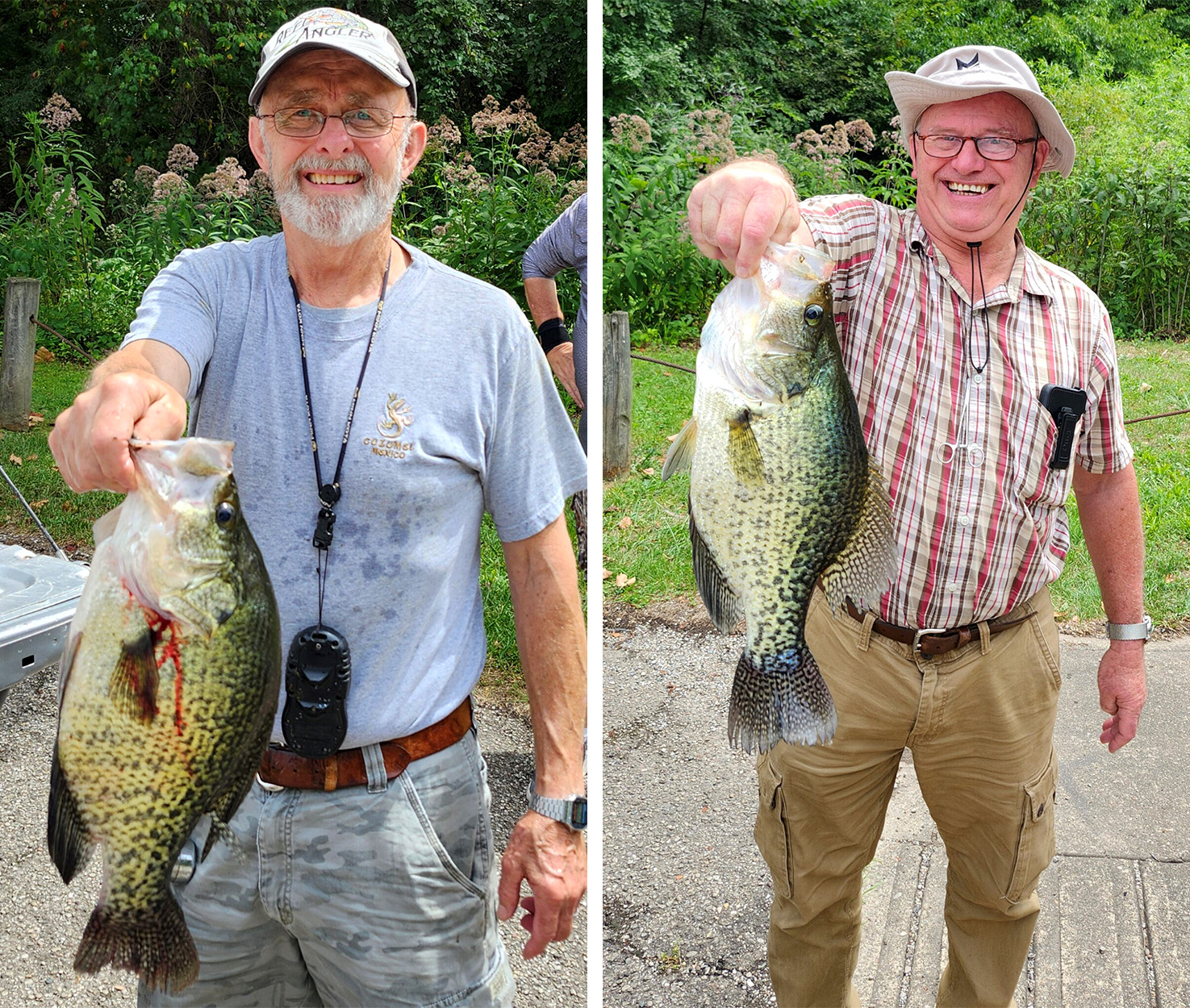 Two fishing buddies hold up black crappies.