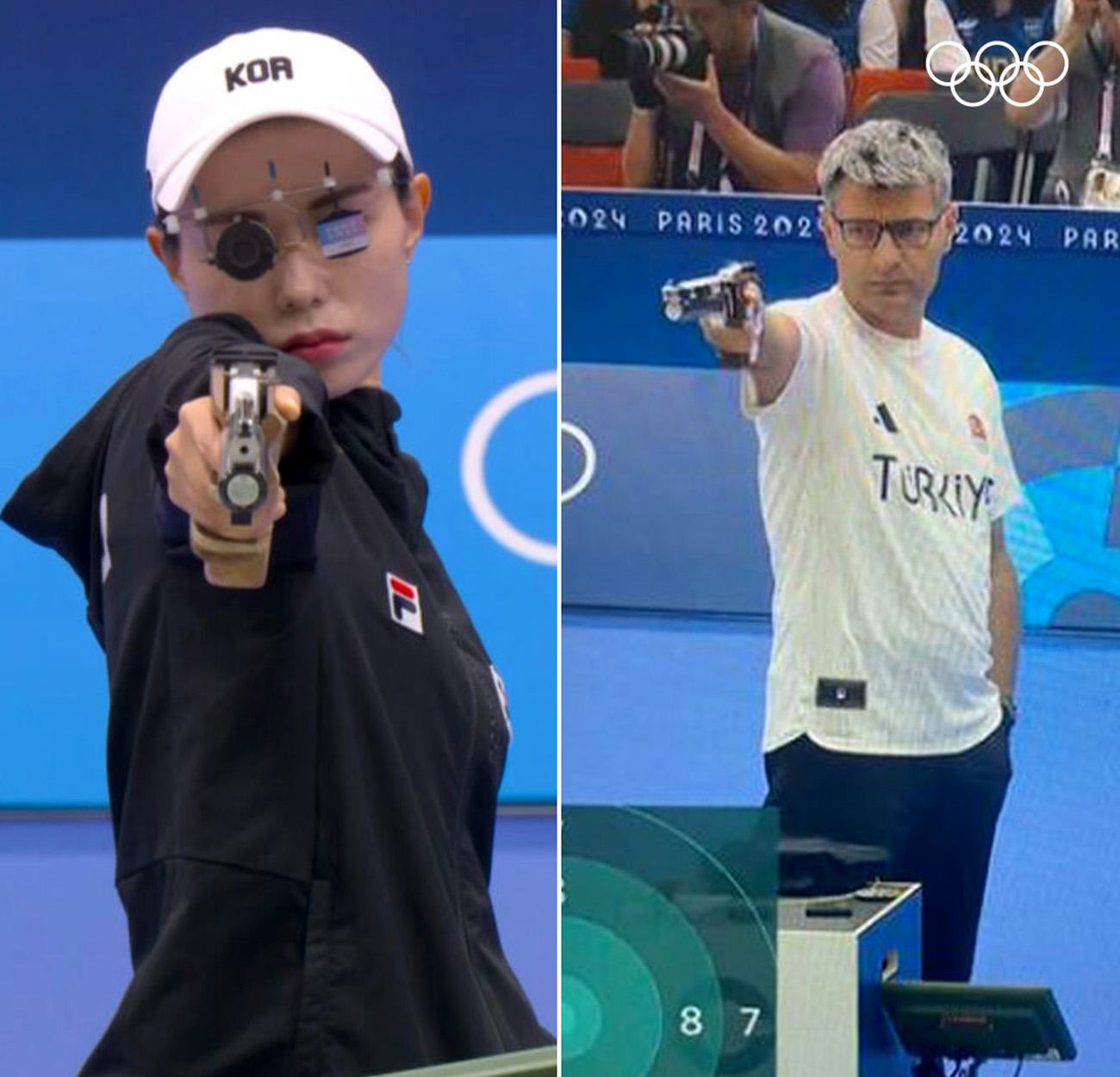 Two pistol shooters at Paris Olympics.