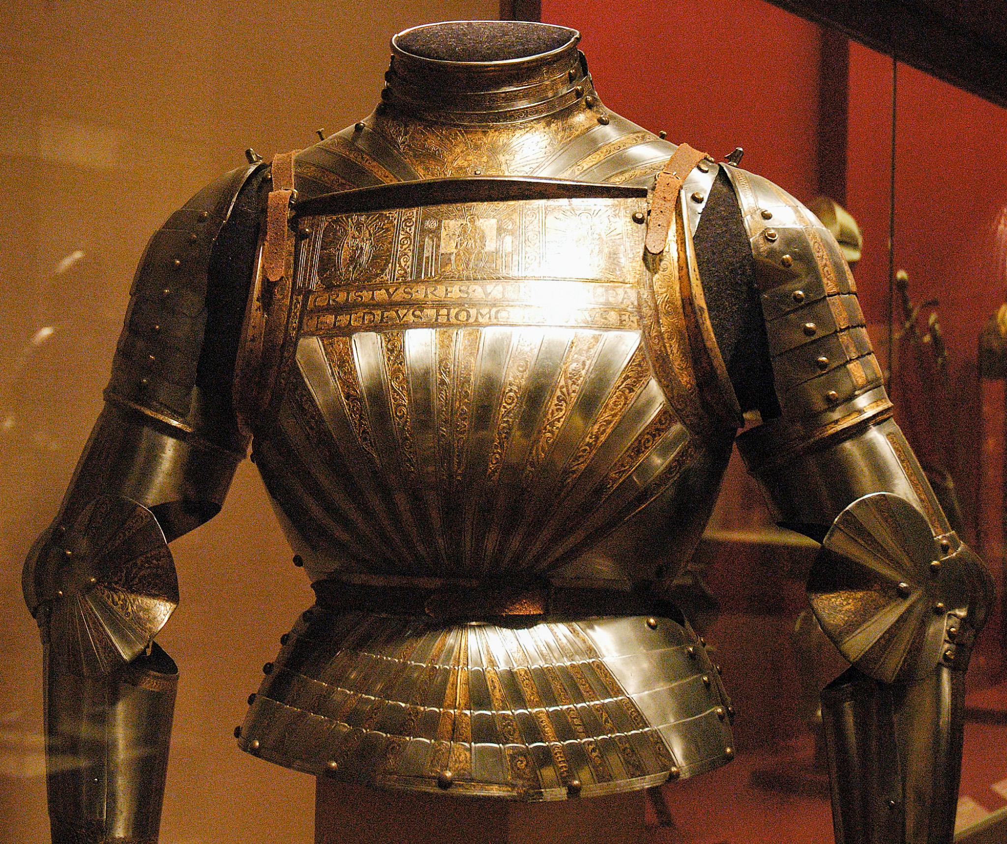 A suit of armor in a museum.