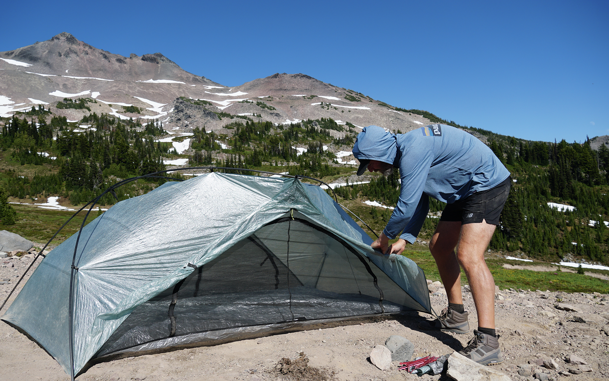 zpacks free zip tent against a mountain backdrop