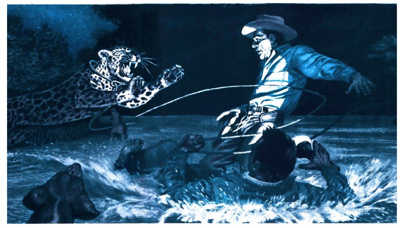 Blue illustration of an old cowboy roping a jaguar.