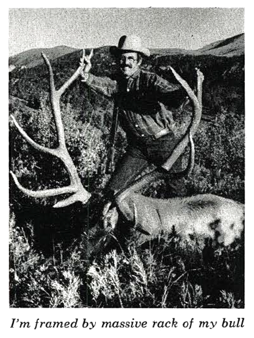 A photo of hunter Bruce Brady with a big bull elk talking on the Mescalero.