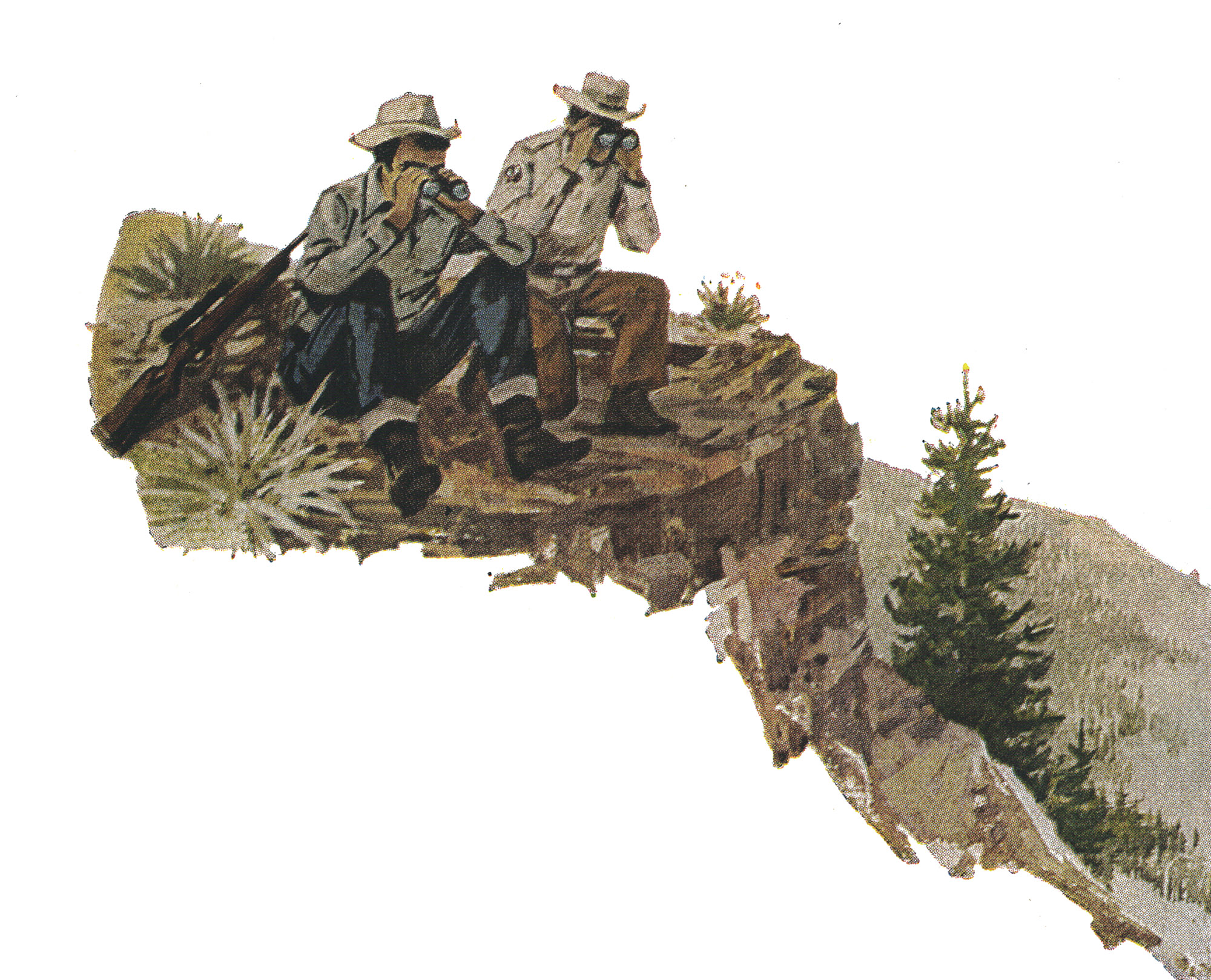 Two hunters glass a hillside in an illustration 