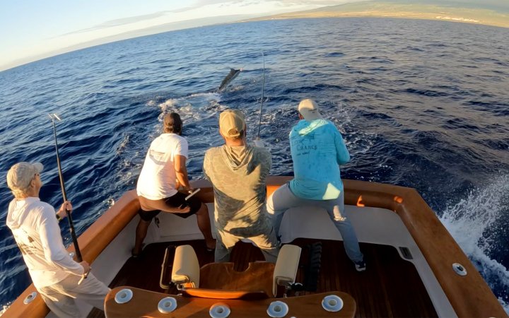 A hooked marlin jumps behind a sportfishing boat.