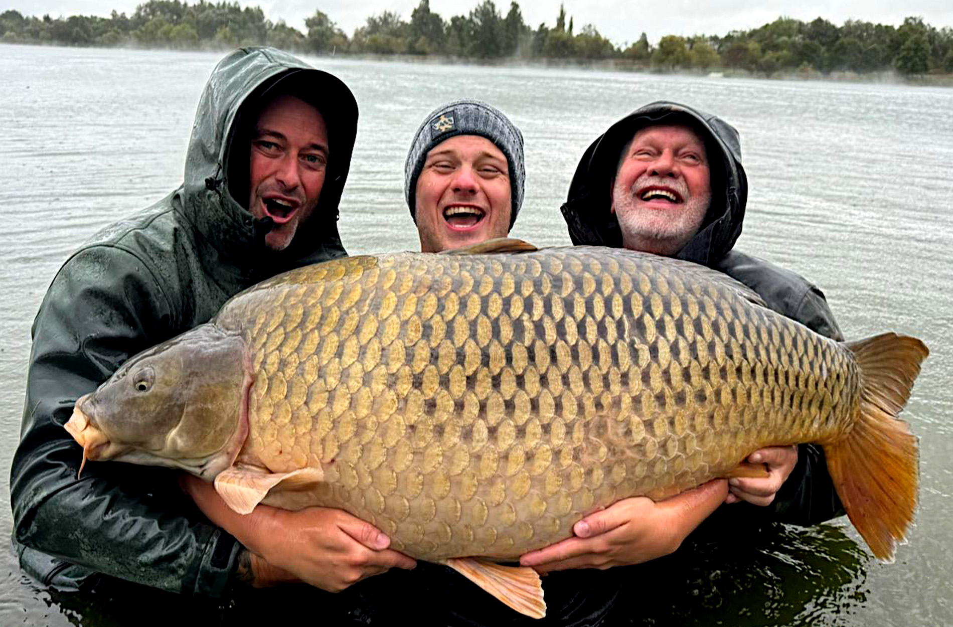 Three European anglers hold up a massive common carp.