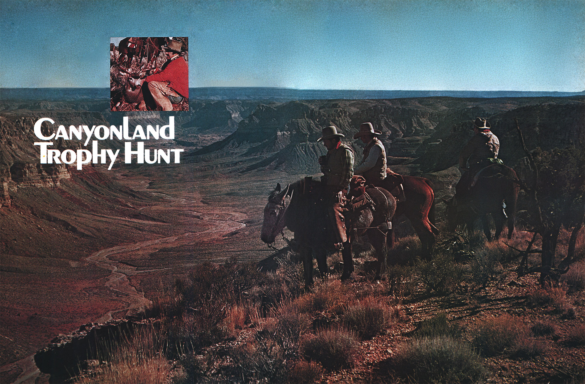 Three riders on the edge of a big canyon.