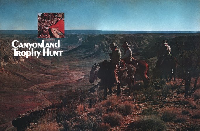 Three riders on the edge of a big canyon.