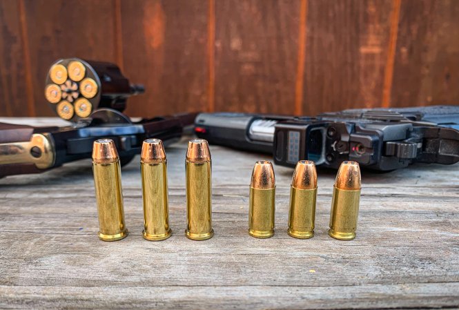 Three .38 special cartridges (left) beside three 9mm cartridges to illustrate the .38 special vs 9mm debate.