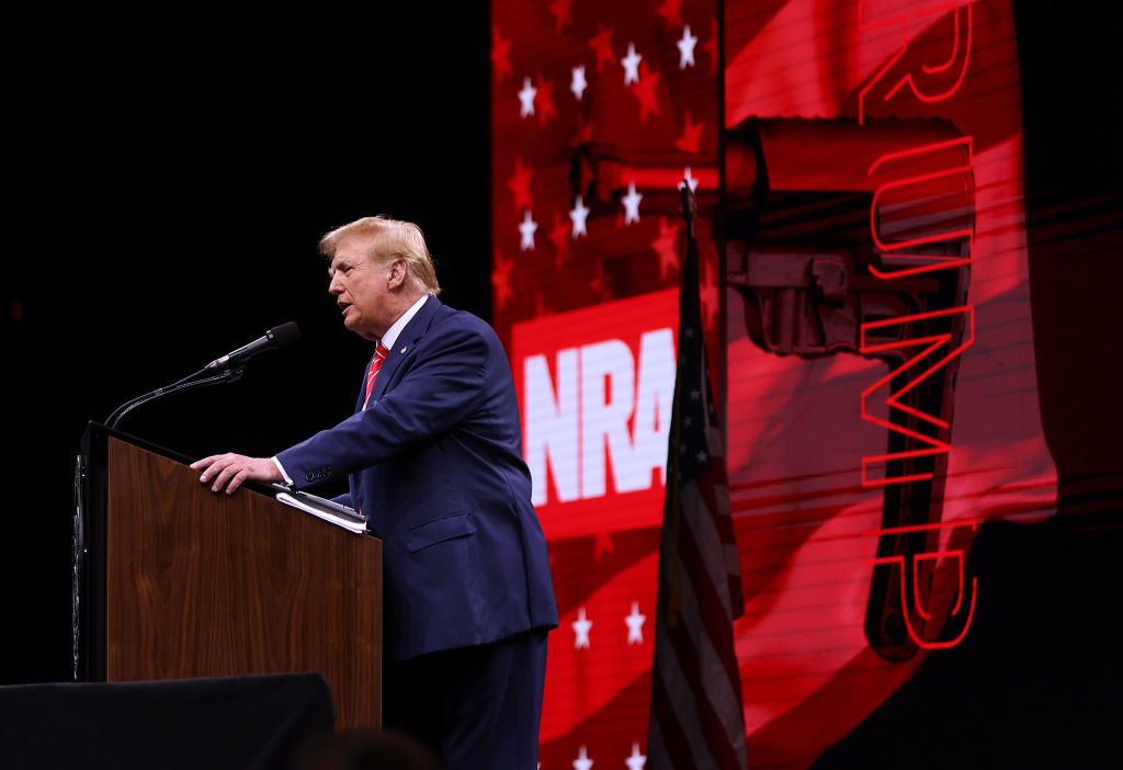 DALLAS, TEXAS - MAY 18: Former U.S. President Donald Trump speaks during the NRA ILA Leadership Forum at the National Rifle Association (NRA) Annual Meeting & Exhibits at the Kay Bailey Hutchison Convention Center on May 18, 2024 in Dallas, Texas. The National Rifle Association's annual meeting and exhibit runs through Sunday. (Photo by Justin Sullivan/Getty Images)