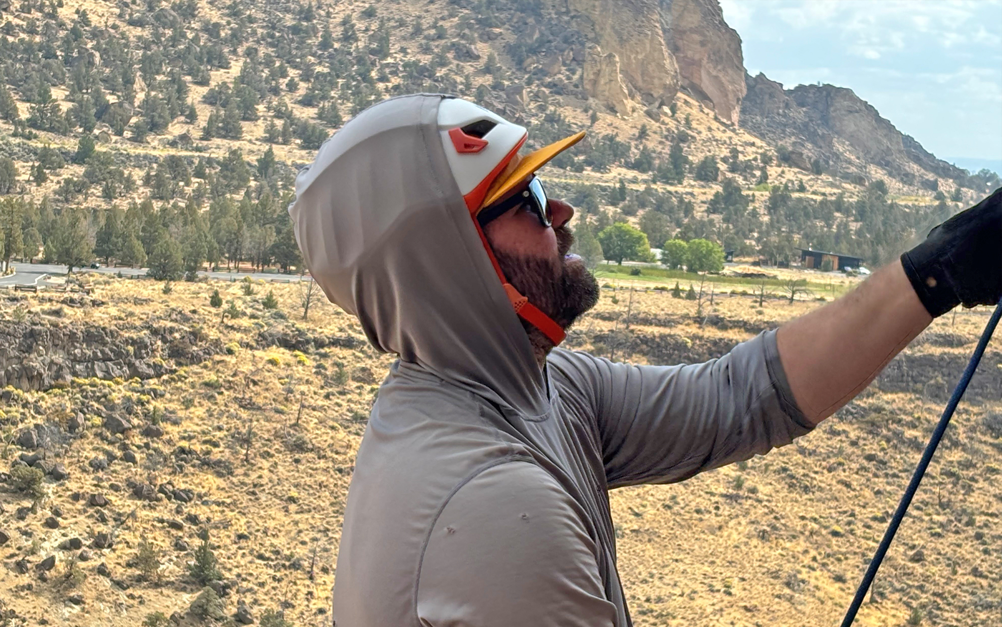 Author belays in Meteor helmet.