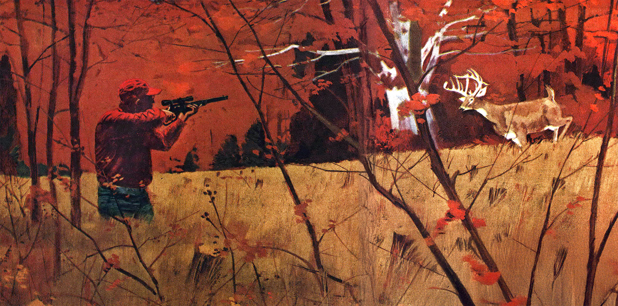 A hunter raises a rifle at a giant deer in a red and yellow illustration