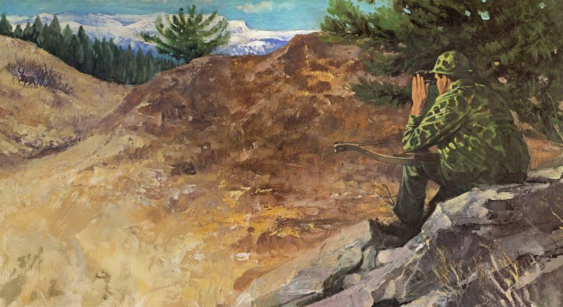 An illustration of an old-school bowhunter glassing a hillside.