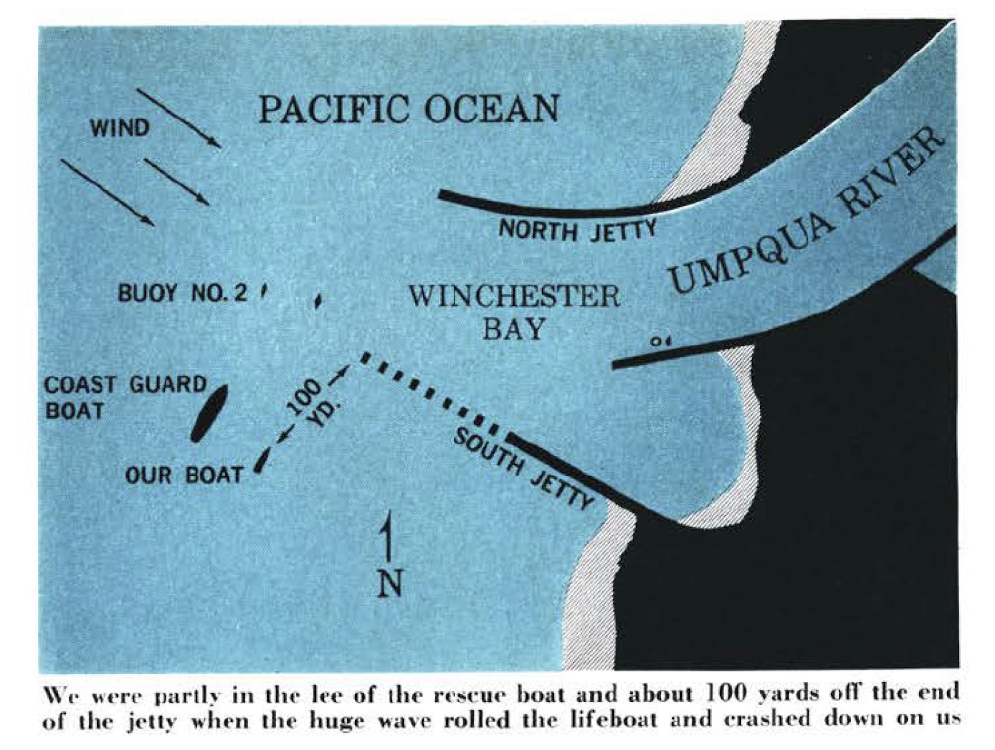 An illustrated map of winchester bay during a freak storm.