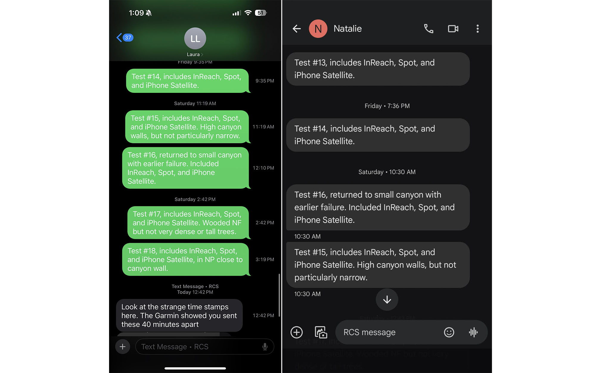 smartphone text message screenshots from a satellite messenger test