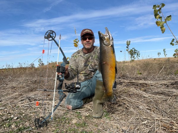 A man in a camo shirt holds up a bow and a brown trout.