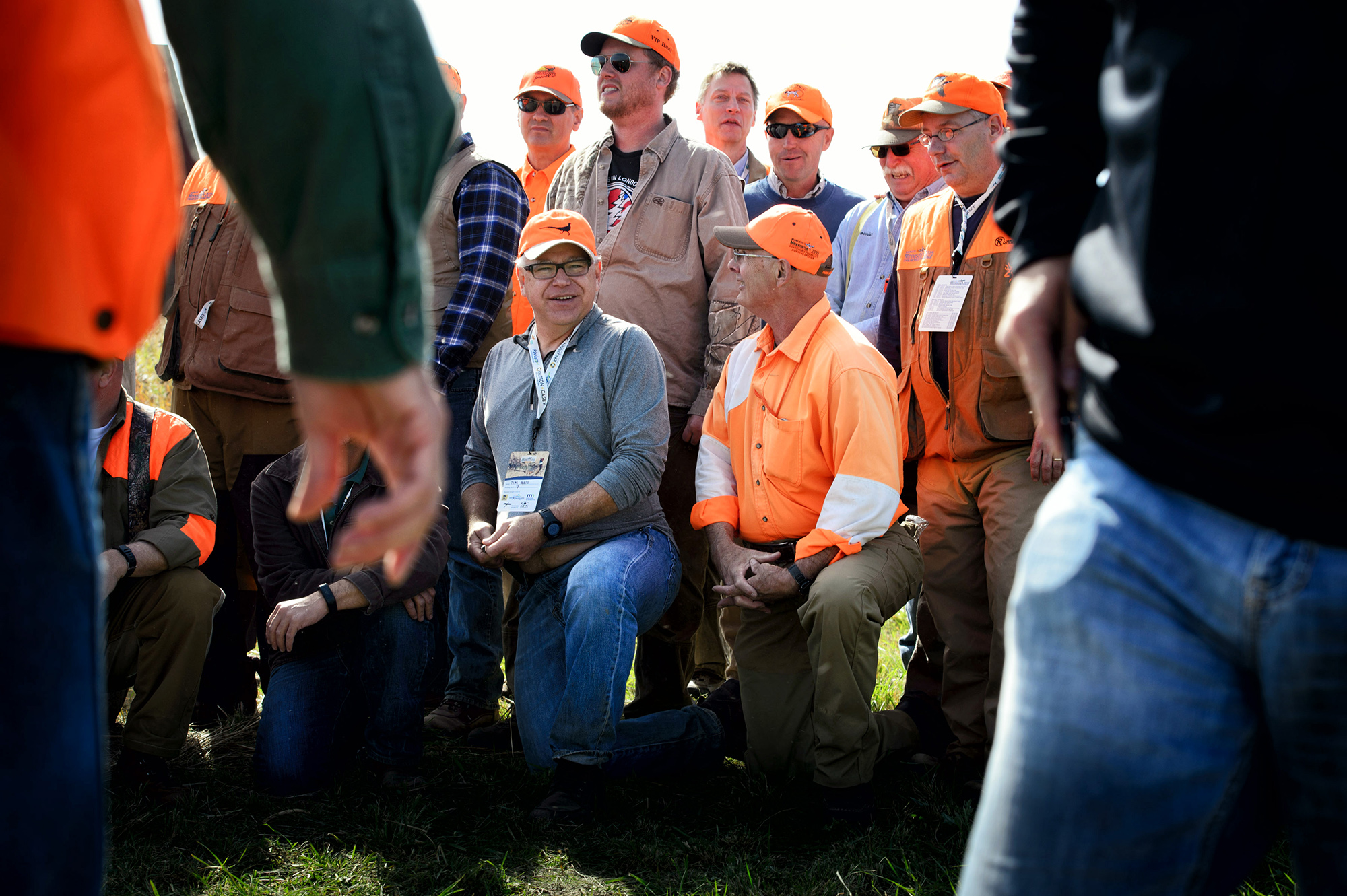 MANKATO, MN. - OCTOBER 2015: Minnesota Department of Natural Resources Commissioner Tom Landwehr and U.S. House Democratic-Farmer-Labor (DFL) party First District Congressman Tim Walz posed for a group photo at the dedication of the newly enlarged O.A. Vee Memorial State Wildlife Management Area near Mankato, Minn., as part of the Governor's Pheasant Opener, Friday, October 10, 2015. (Photo by Glen Stubbe/Minnesota Star Tribune via Getty Images)