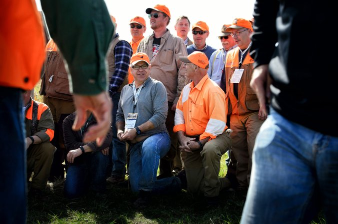 MANKATO, MN. - OCTOBER 2015: Minnesota Department of Natural Resources Commissioner Tom Landwehr and U.S. House Democratic-Farmer-Labor (DFL) party First District Congressman Tim Walz posed for a group photo at the dedication of the newly enlarged O.A. Vee Memorial State Wildlife Management Area near Mankato, Minn., as part of the Governor's Pheasant Opener, Friday, October 10, 2015. (Photo by Glen Stubbe/Minnesota Star Tribune via Getty Images)