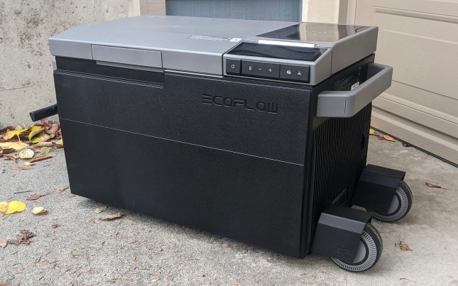 EcoFlow Glacier electric cooler sitting in front of a garage