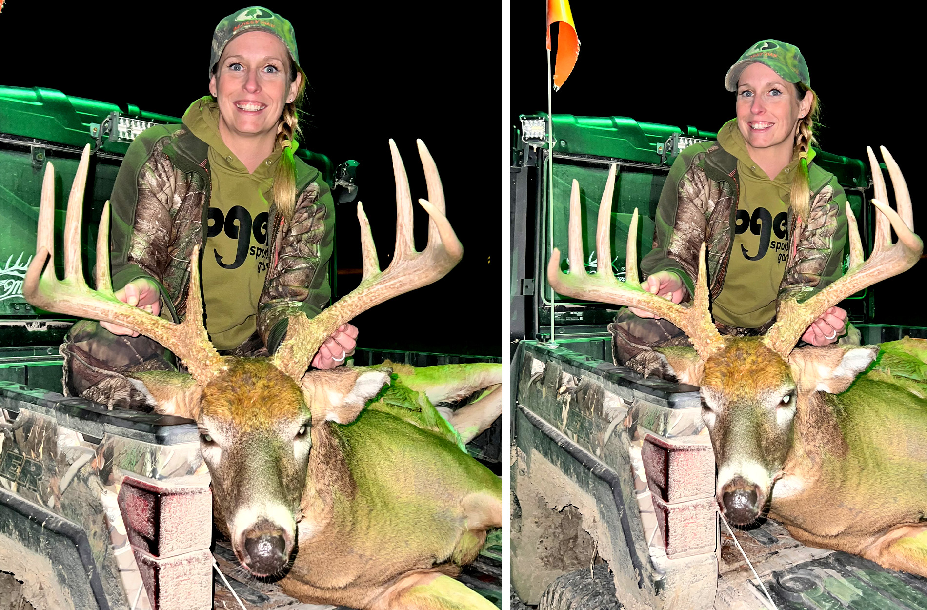 A Missouri hunter with a buck in the back of a UTV.