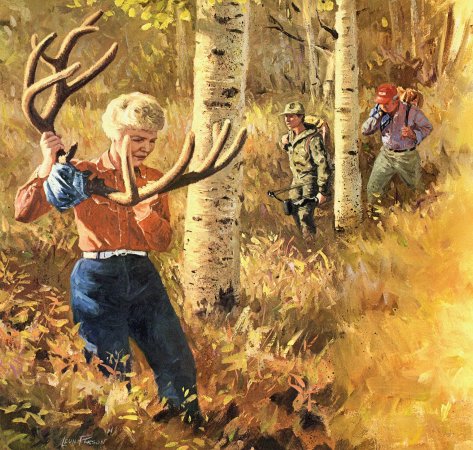 An illustration of a woman carrying a mule deer skull through the yellow aspens.