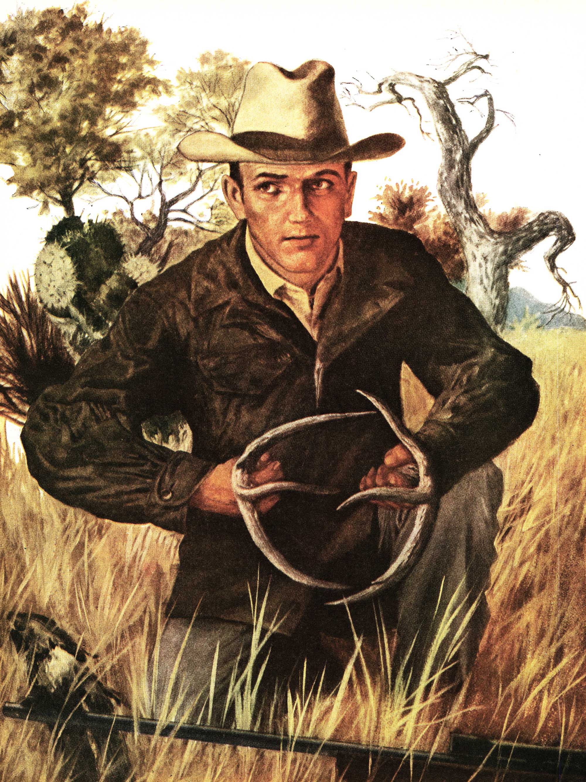 An illustration of a deer hunter rattling in Texas.