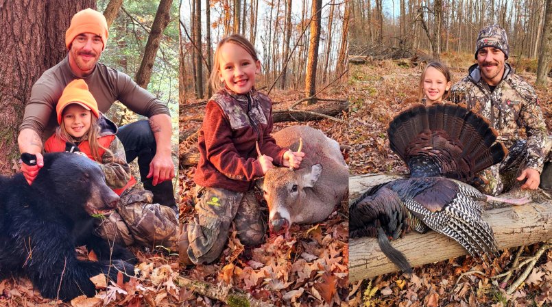 A 7-year-old hunter and her dad with a bear, turkey, and buck.