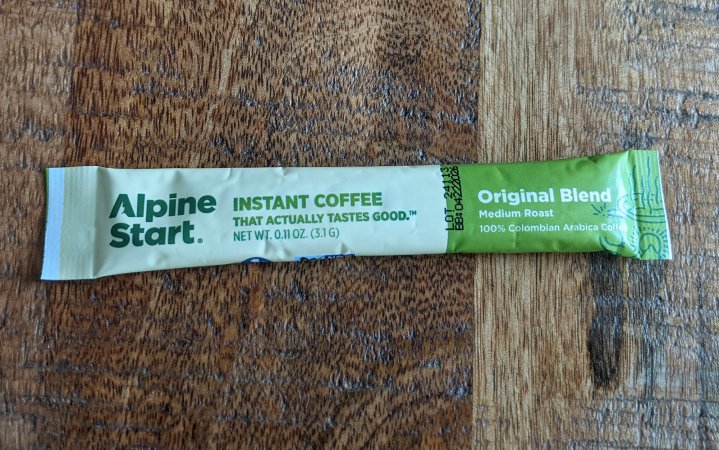  packet of Alpine Start instant coffee sitting on a table