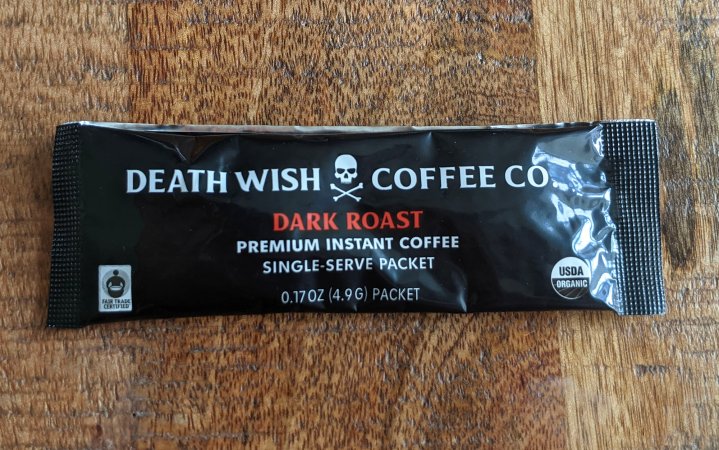  Death Wish instant coffee packet sitting on a table