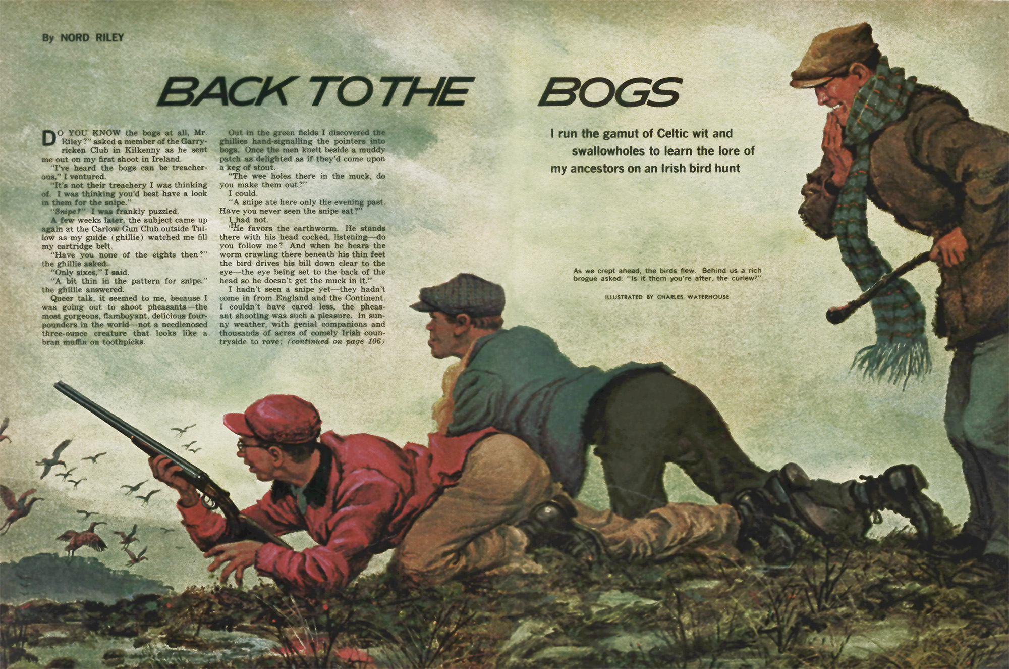 A two-page feature from a story about snipe hunting in Ireland.