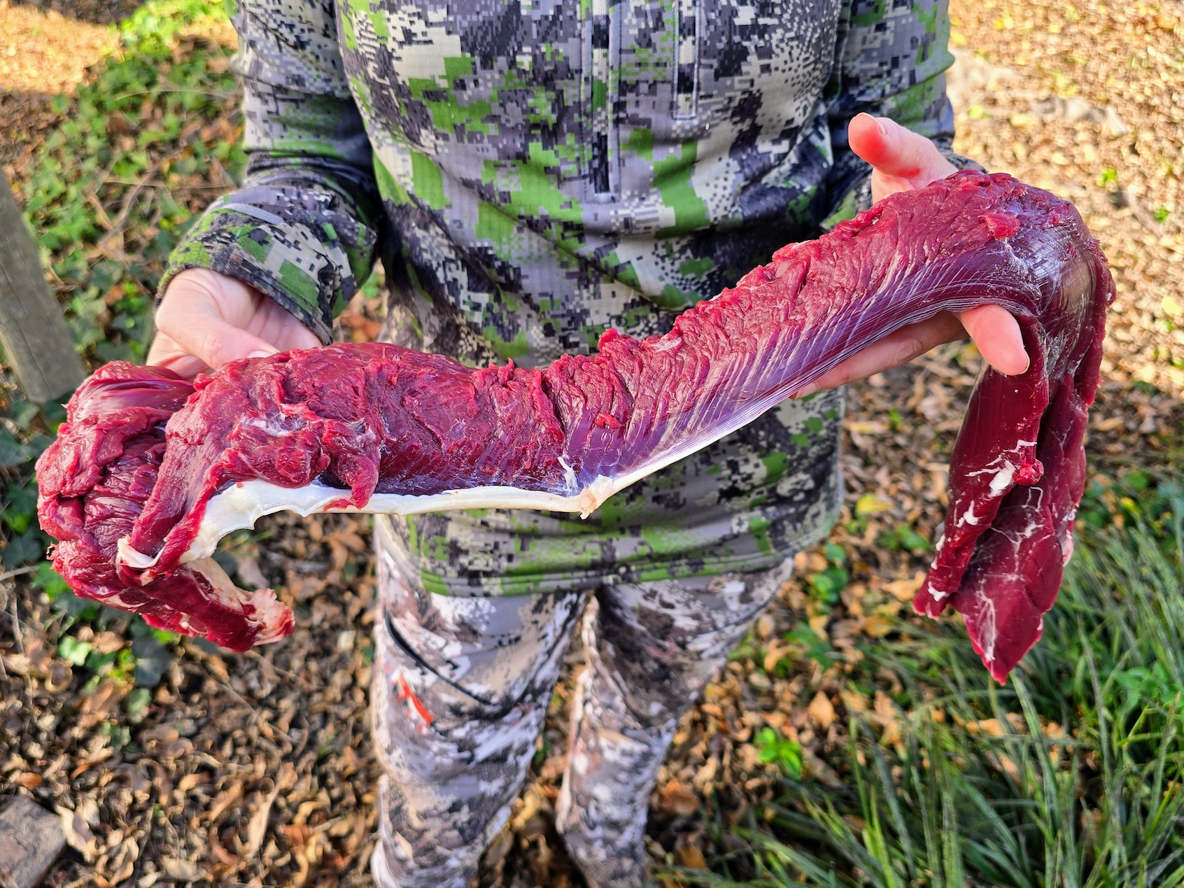 A hunter holds a backstrap cut straight off a deer.