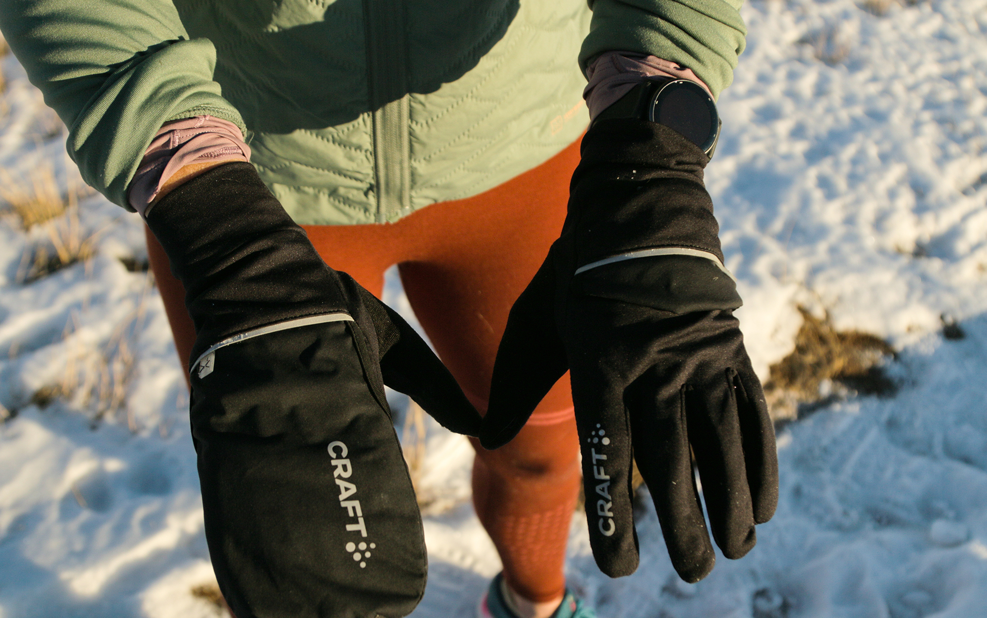 Author wears running gloves.