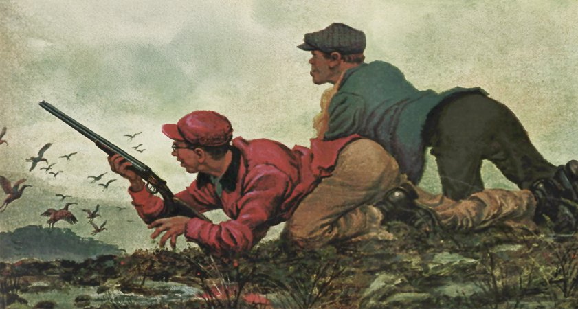 Two Irish hunters crawl after curlew in an illustration.